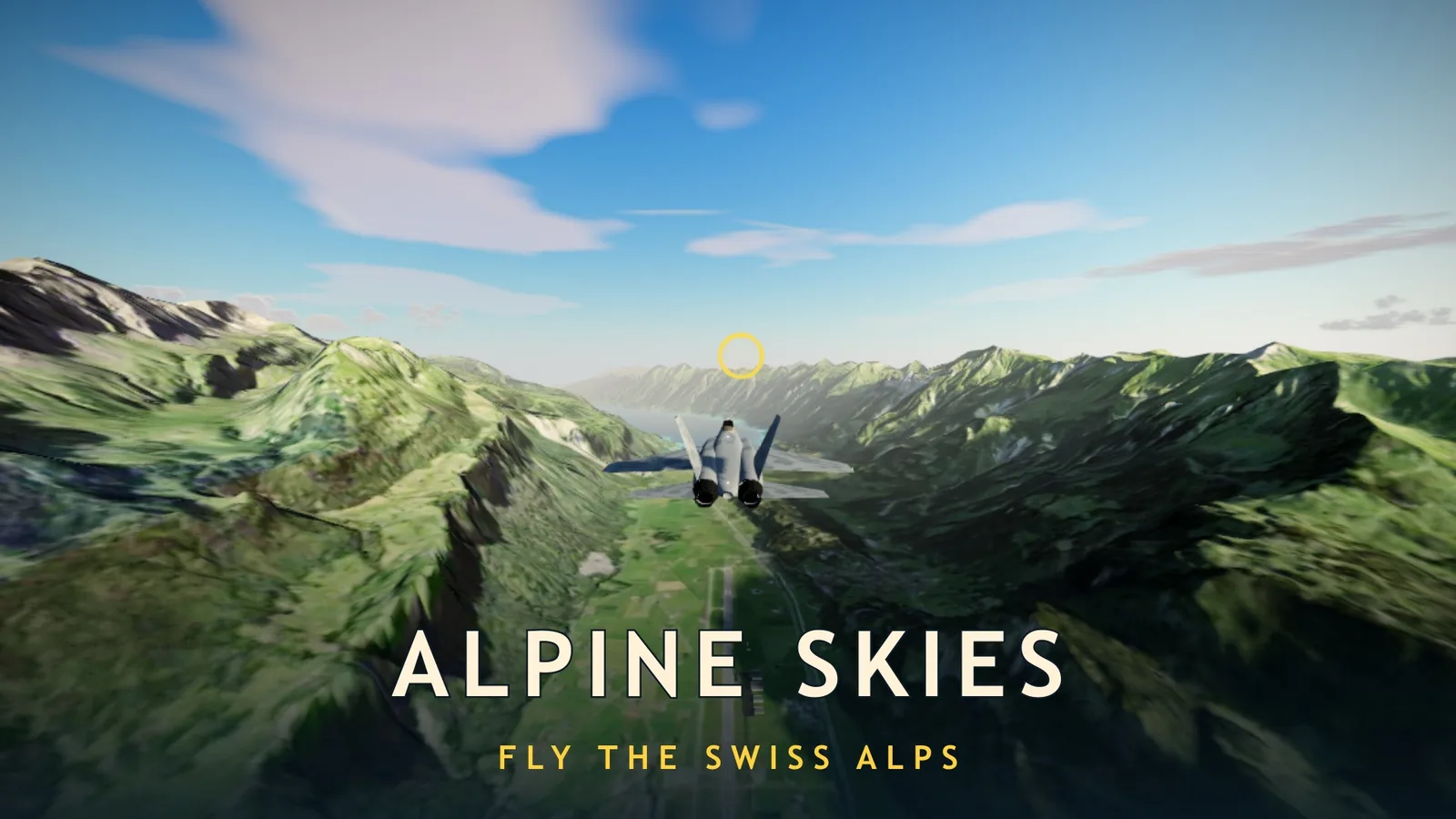 Alpine Skies key art: a jet flying down a green Swiss valley toward a ring. Fly the Swiss Alps.