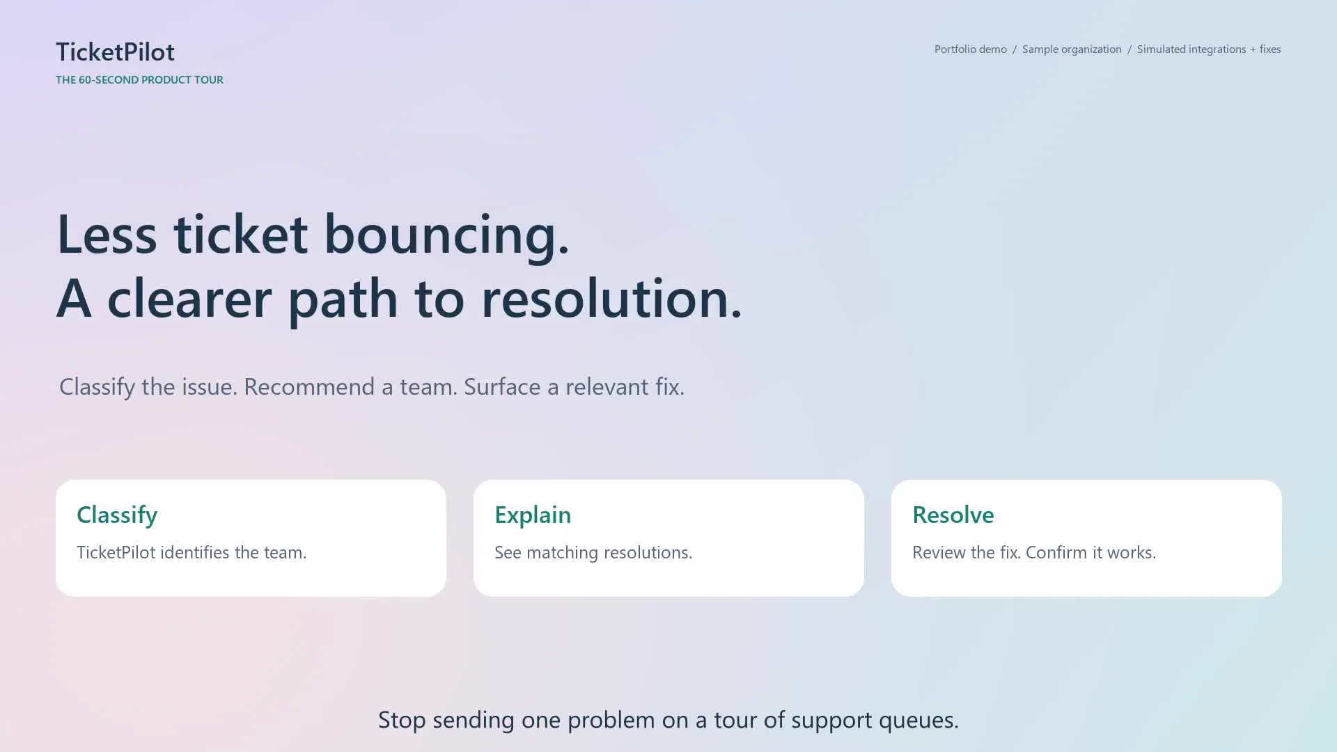 TicketPilot title card: Less ticket bouncing, a clearer path to resolution. Classify, explain, resolve.