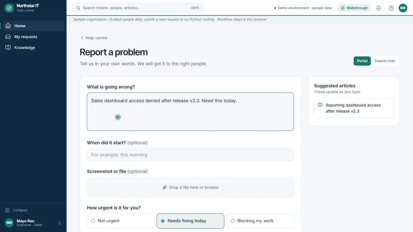 TicketPilot employee portal for describing an IT issue