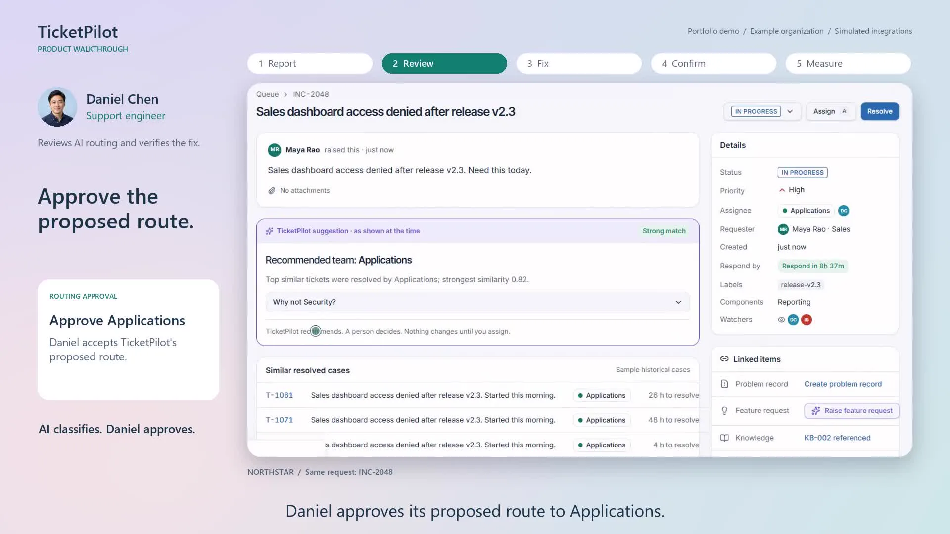 TicketPilot support workspace with recommended team and similar resolved cases
